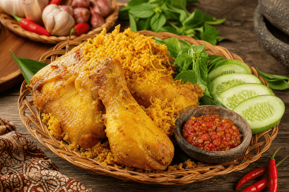 Ayam goreng kremes keemasan bertabur kremesan renyah bersarang di atas piring anyaman bersama lalapan