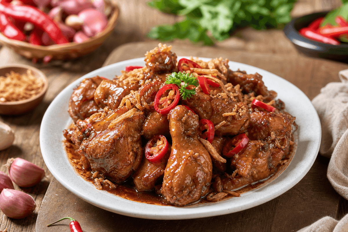 Sepiring ayam kecap rumahan dengan saus kental mengilap, taburan bawang goreng dan irisan cabai merah