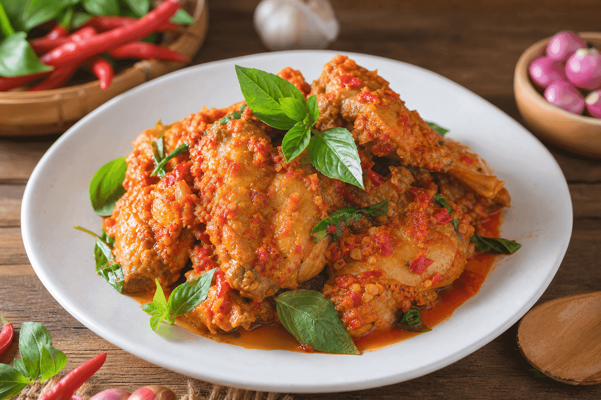 Sepiring ayam rica-rica pedas berwarna merah menyala dengan taburan daun kemangi segar