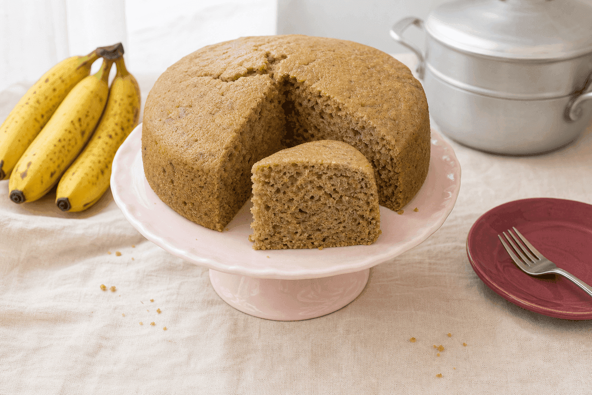 Bolu pisang kukus bulat di cake stand merah muda dengan satu potong berdiri memperlihatkan remah berpori, ditemani pisang matang dan panci kukusan