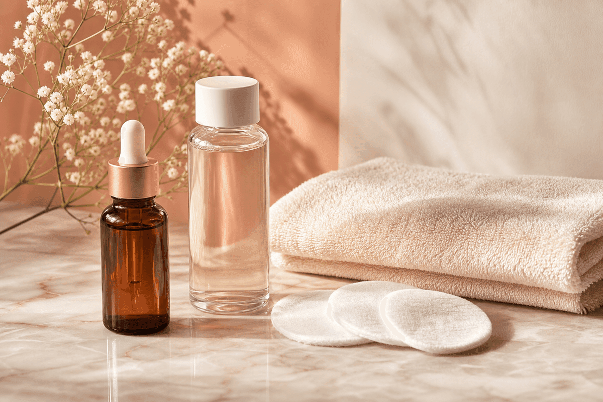 Botol serum eksfoliasi wajah berpipet, kapas, dan handuk katun lembut tertata di meja marmer krem