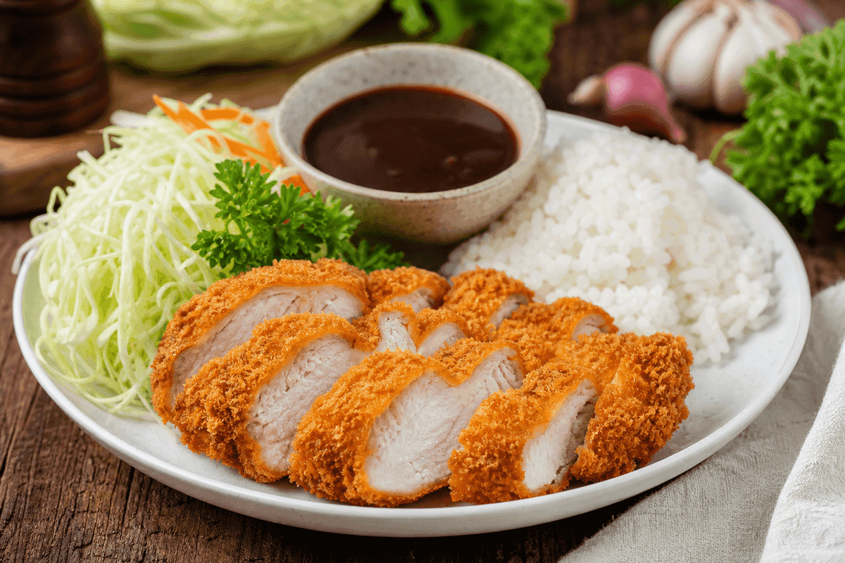 Irisan chicken katsu renyah keemasan disiram saus katsu cokelat kental, disajikan bersama nasi putih dan kol iris