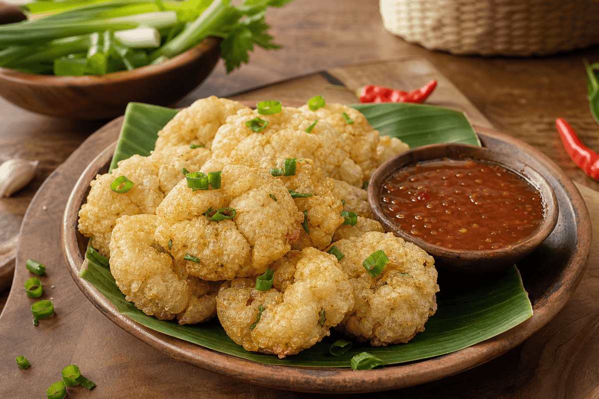 Tumpukan cireng goreng renyah berwarna keemasan disajikan bersama bumbu rujak pedas di mangkuk kecil