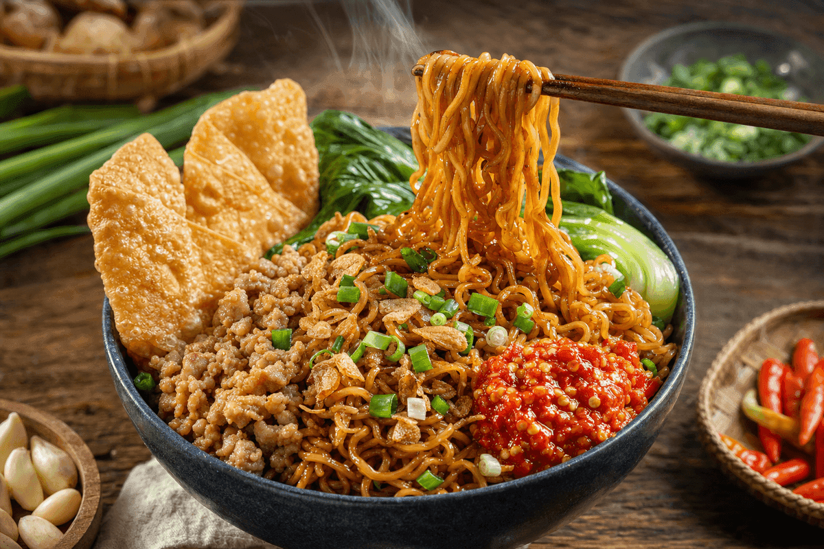 Semangkuk mie gacoan rumahan pedas manis dengan topping ayam cincang, sawi hijau, dan pangsit goreng