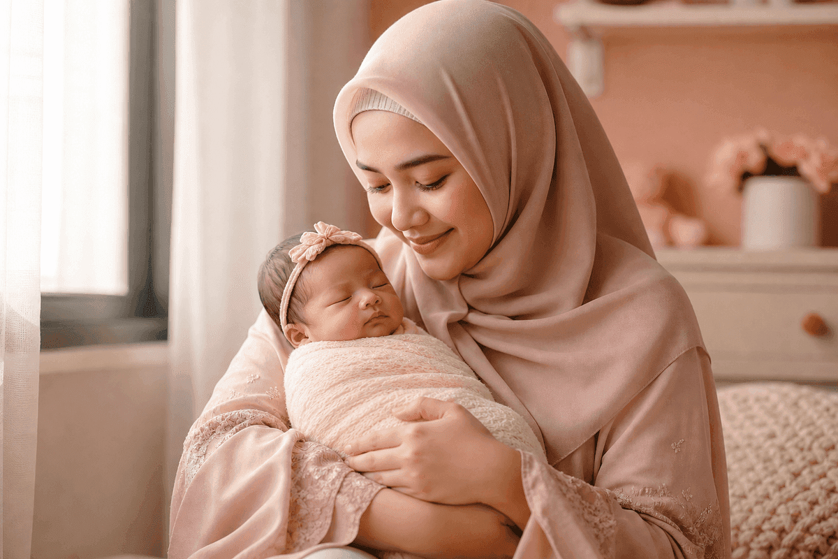 Ibu menggendong bayi perempuan yang baru lahir dengan latar hangat, ilustrasi memilih nama bayi perempuan islami
