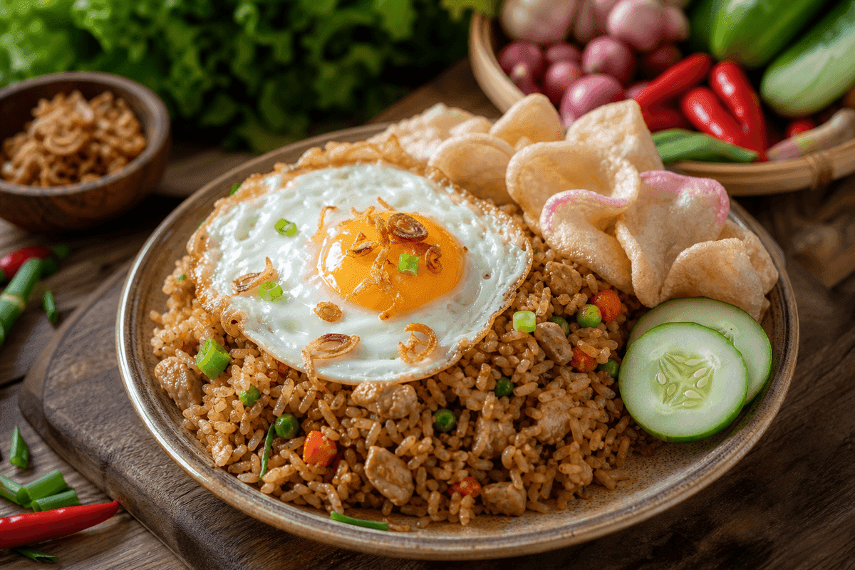 Sepiring nasi goreng spesial dengan telur mata sapi, kerupuk, dan irisan timun