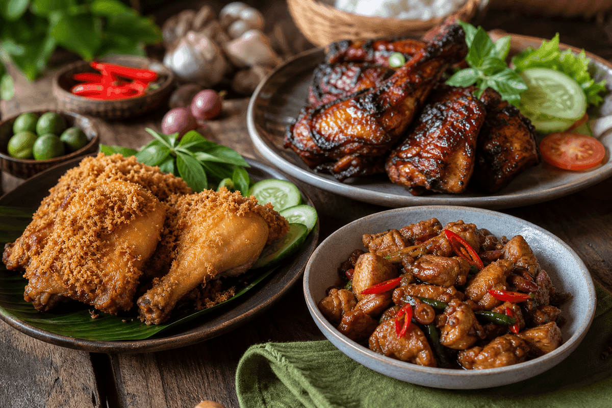 Aneka olahan ayam tersaji di meja kayu: ayam goreng kremes, ayam bakar kecap, dan tumis ayam kecap