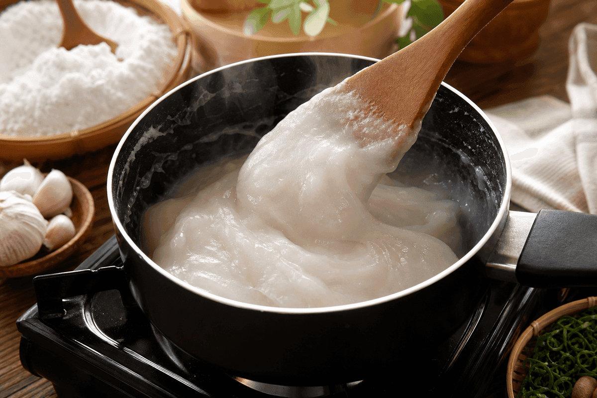 Adonan biang cireng berupa pasta tepung tapioka kental yang diaduk di dalam panci kecil