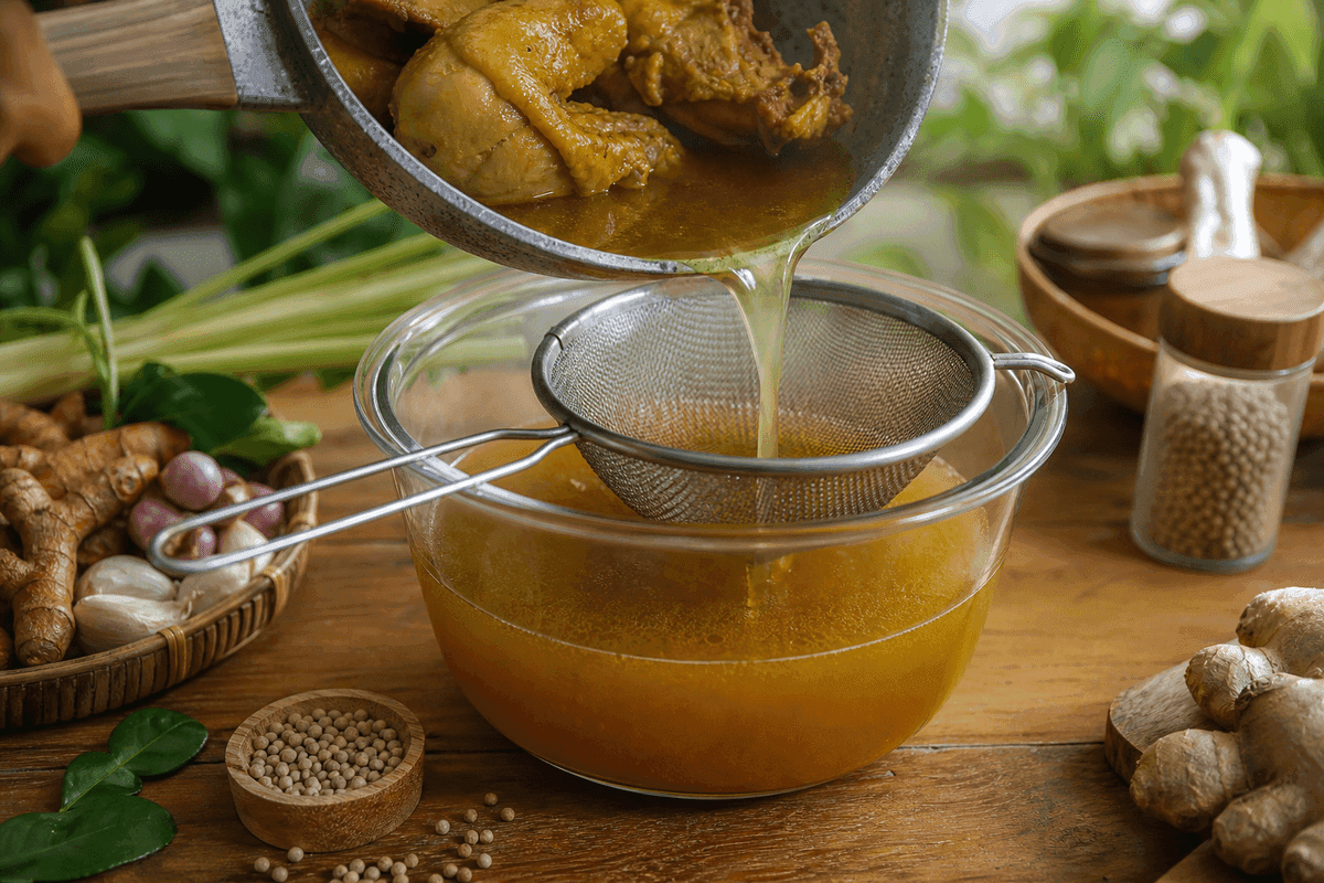 Air ungkep ayam berwarna kuning kecokelatan disaring ke dalam mangkuk untuk adonan kremesan