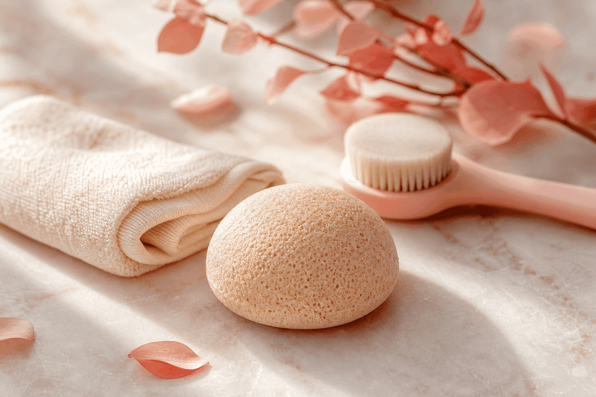 Spons konjac, waslap katun, dan sikat wajah berbulu halus sebagai alat eksfoliasi fisik untuk wajah