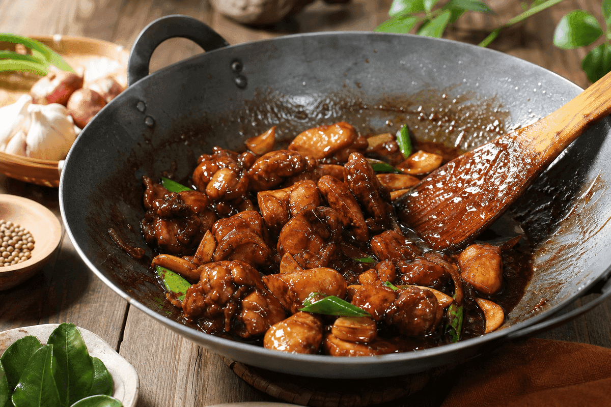 Potongan ayam disiram kecap manis di wajan panas, saus mulai mengental dan mengilap