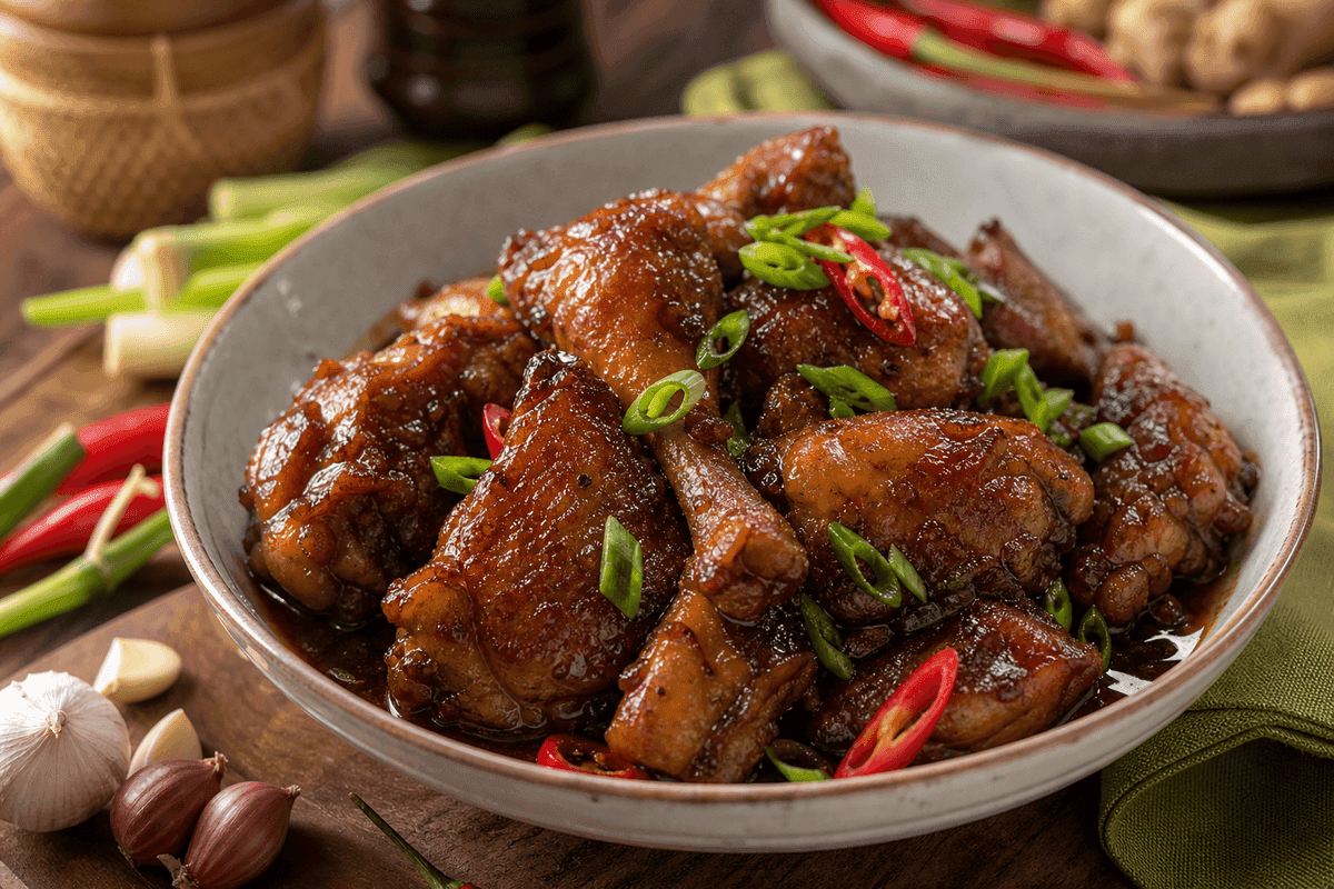 Ayam kecap ungkep berwarna cokelat gelap dengan saus kental yang meresap