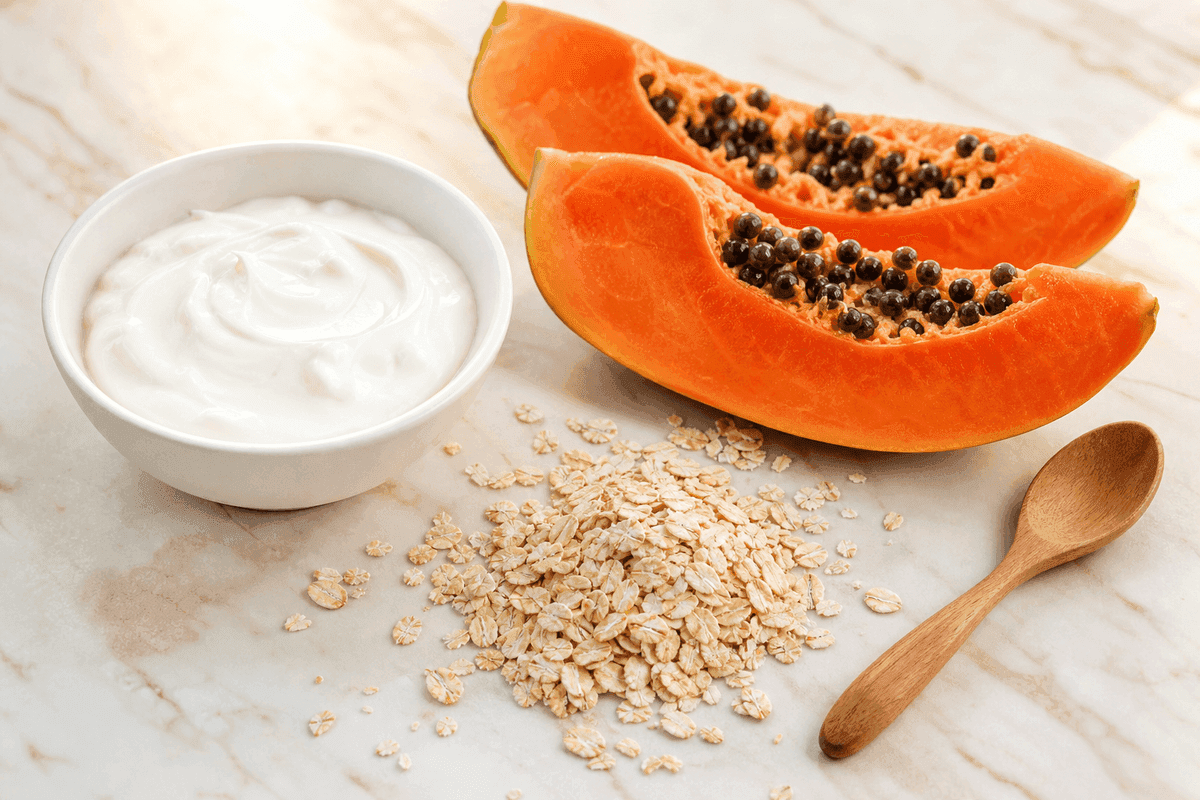 Yogurt tawar, oat halus, dan pepaya matang sebagai bahan eksfoliasi wajah alami yang paling aman