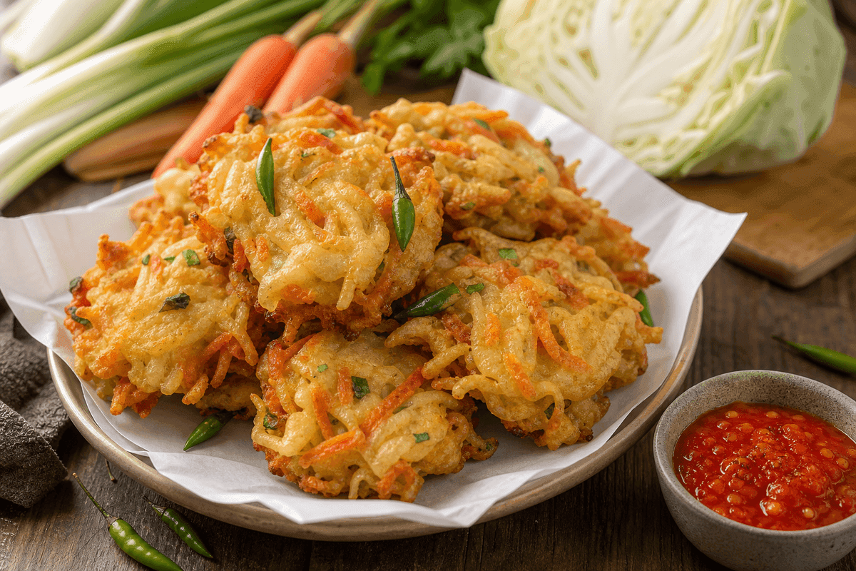 Sepiring bakwan sayur renyah berisi kol dan wortel dengan sambal, cemilan dari tepung terigu yang paling cepat