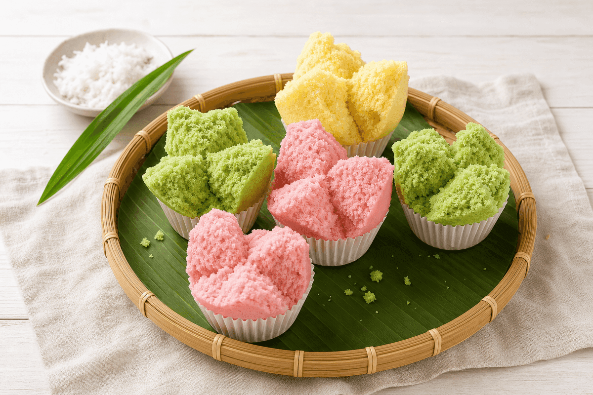 Bolu kukus mekar tiga warna merekah empat dengan tepi robek berpori, ditata di tampah bambu beralas daun pisang
