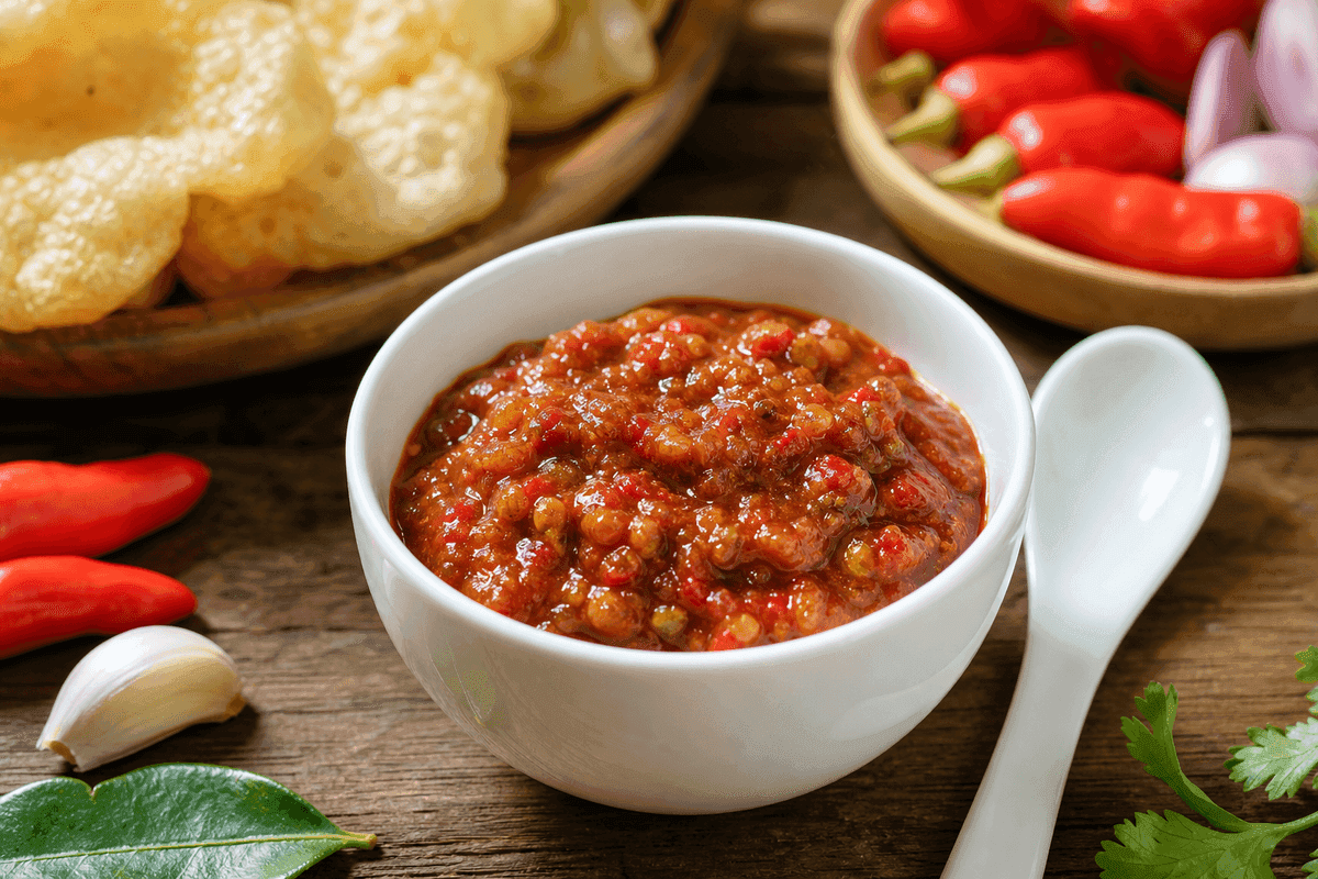 Bumbu rujak cireng pedas manis berwarna cokelat kemerahan di dalam mangkuk kecil