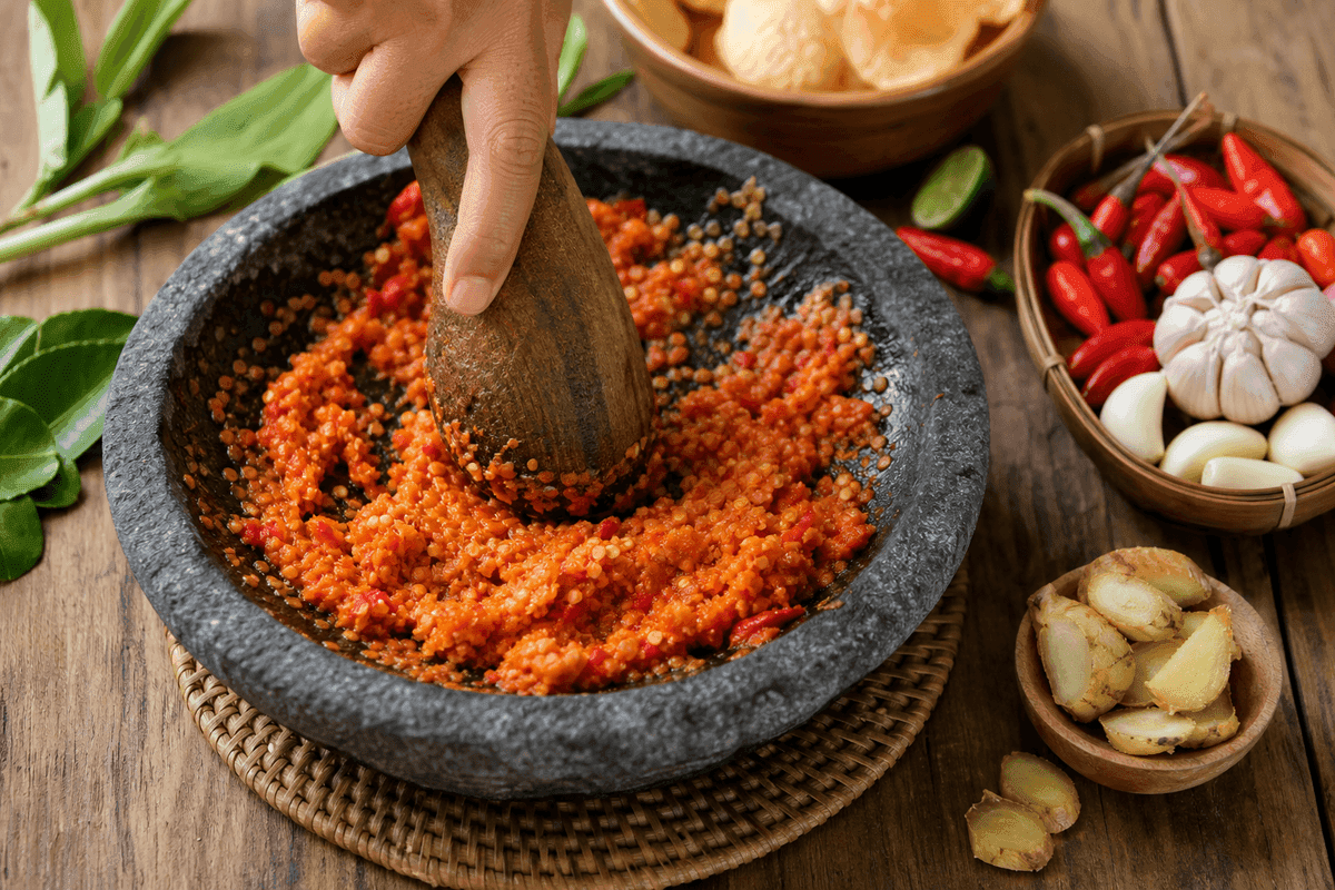 Bumbu seblak berisi kencur, bawang putih, dan cabai merah sedang diulek kasar di atas cobek batu