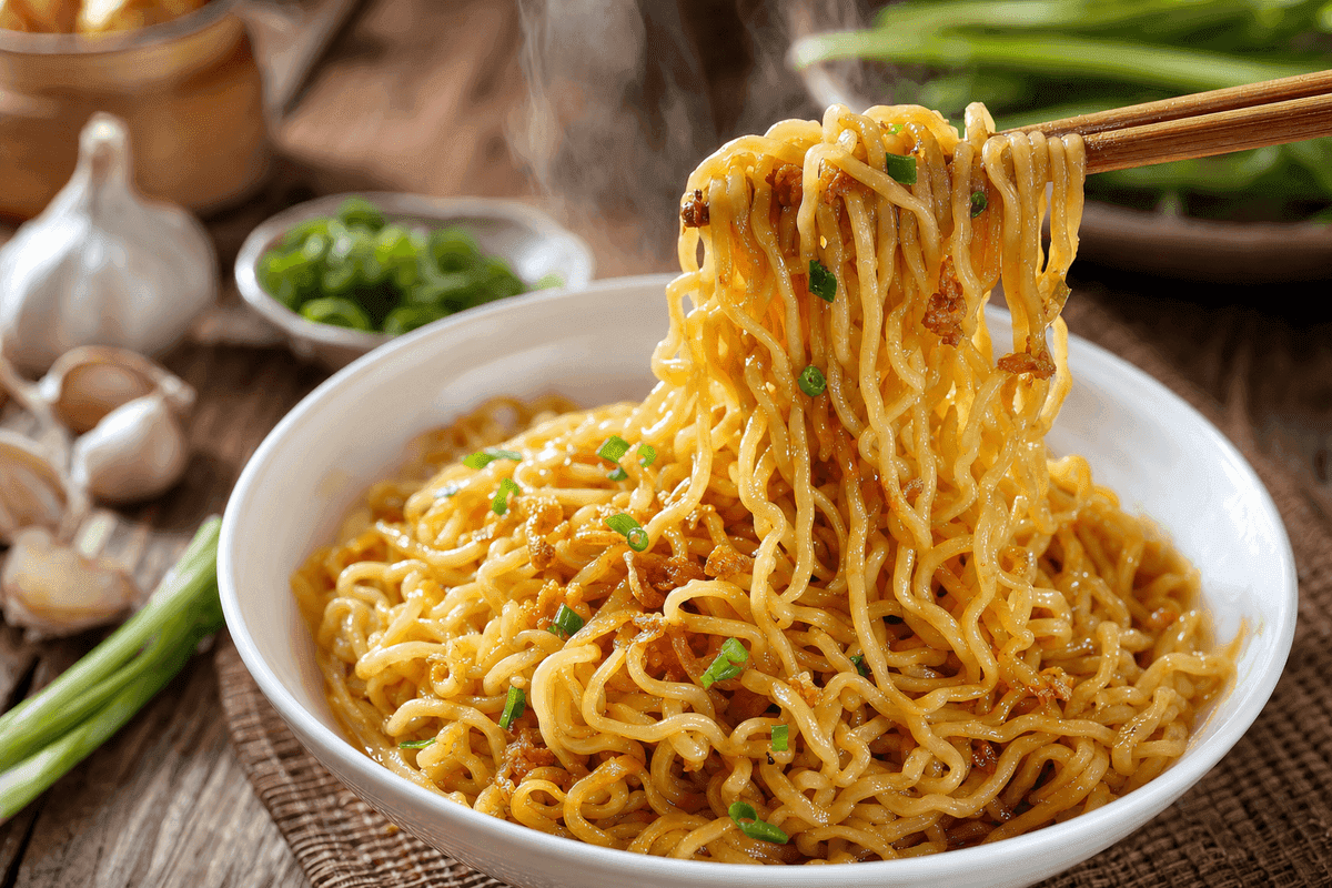 Mie telur panas diangkat dengan sumpit, helainya mengilap terlapis saus tipis dan masih terurai terpisah