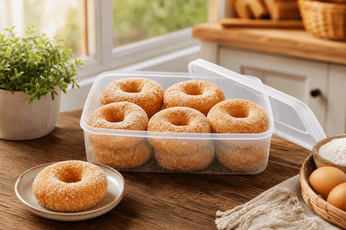 Donat gula tersimpan rapi dalam wadah kedap udara bening agar tetap empuk sampai besok