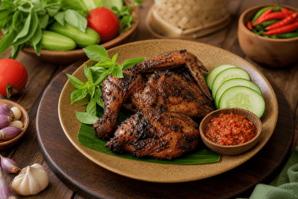 Ayam bakar bumbu kecap dengan bekas panggangan, disajikan bersama sambal terasi dan irisan timun