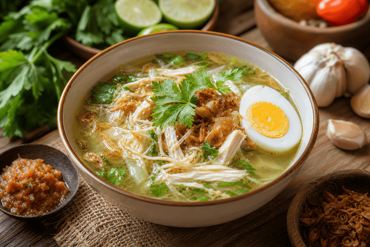 Semangkuk soto ayam bening dengan suwiran ayam, telur rebus, seledri, dan bawang goreng