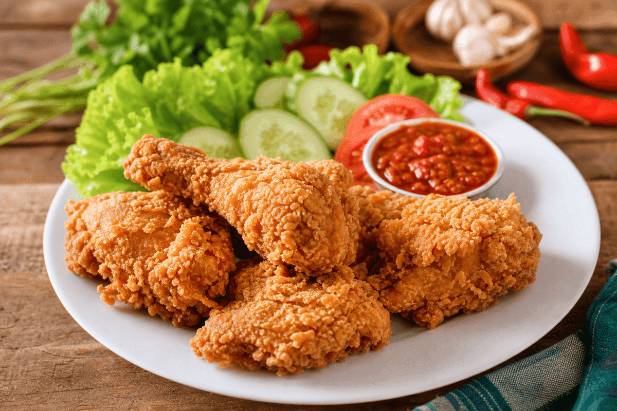 Ayam goreng tepung renyah keemasan di piring saji dengan sambal dan lalapan