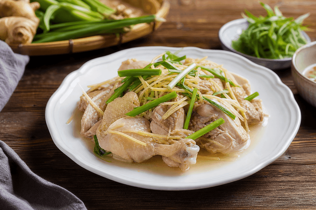 Ayam kukus jahe dengan taburan daun bawang di atas piring keramik putih