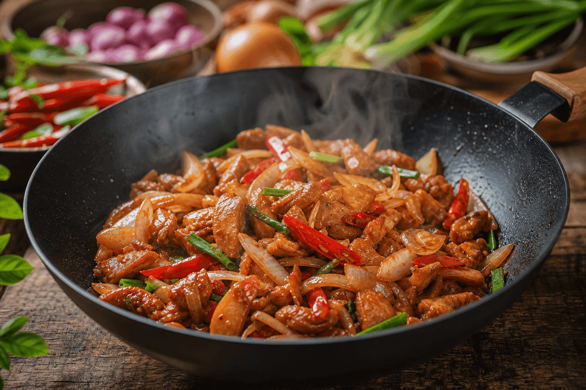 Tumis ayam kecap dengan cabai merah dan bawang bombay di wajan hitam yang masih mengepul