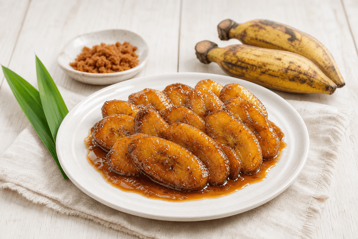 Pisang kepok potong serong berlapis karamel gula merah mengilap, ditata di piring putih dengan daun pandan