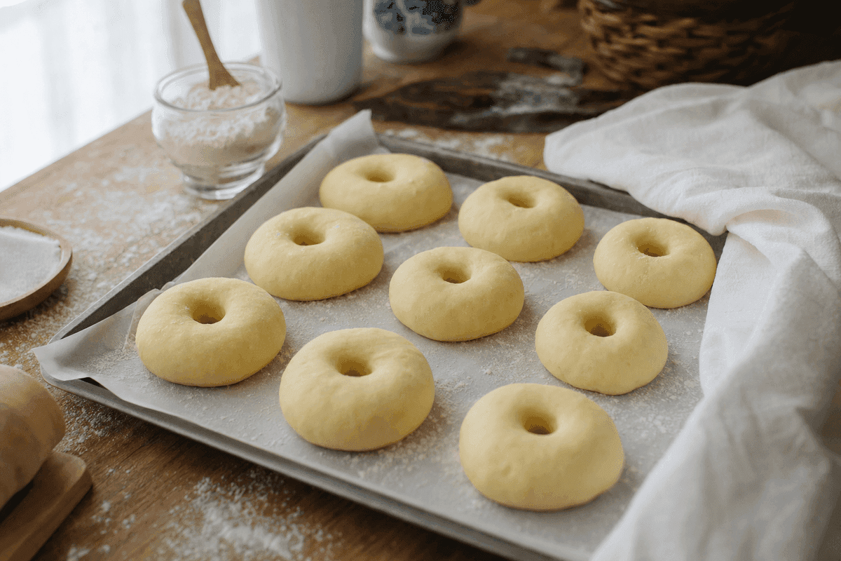 Donat mentah yang sudah dibentuk mengembang di atas loyang beralas kertas roti saat proofing kedua