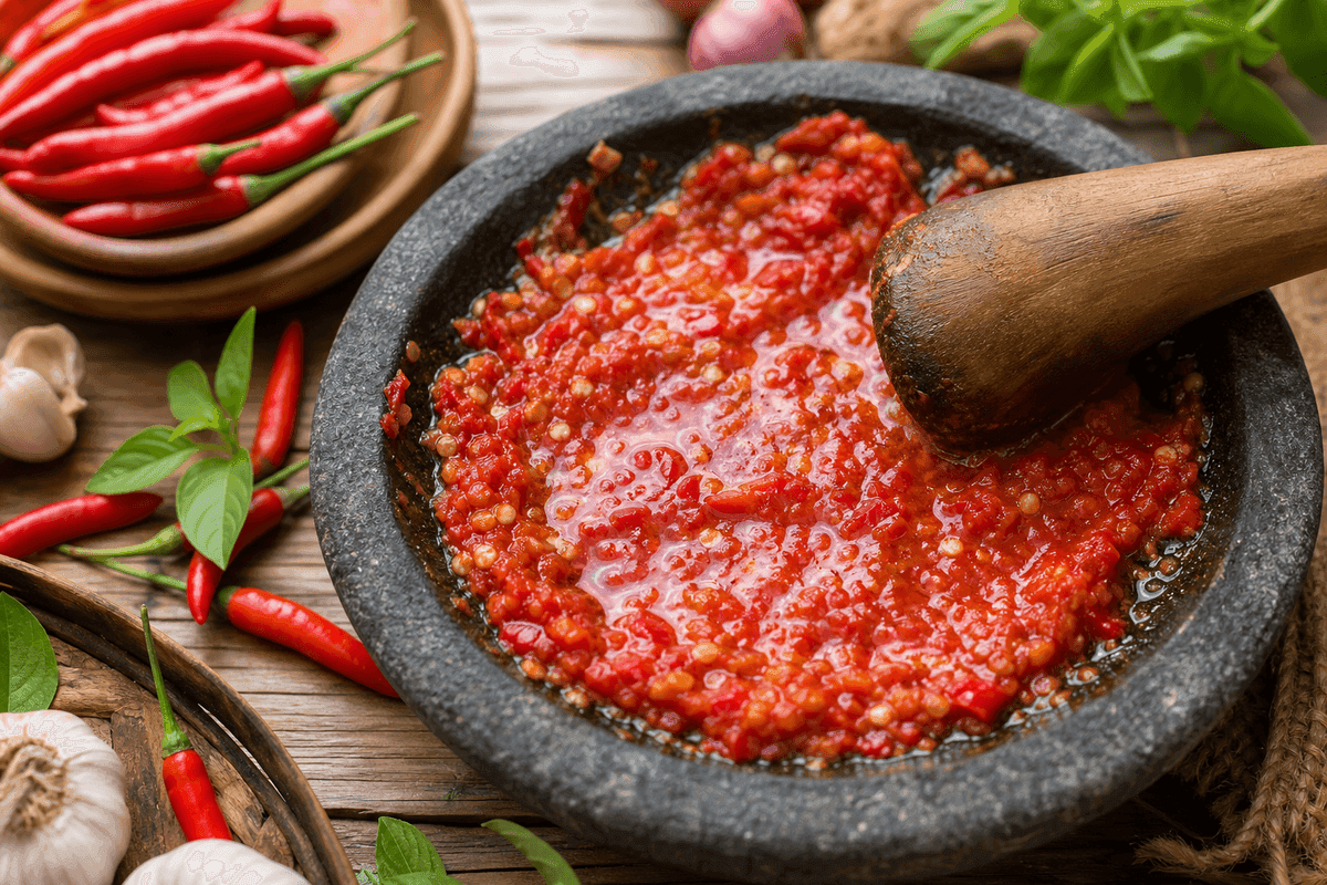 Sambal cabai rawit merah diulek kasar di cobek sebagai bumbu pedas mie gacoan rumahan