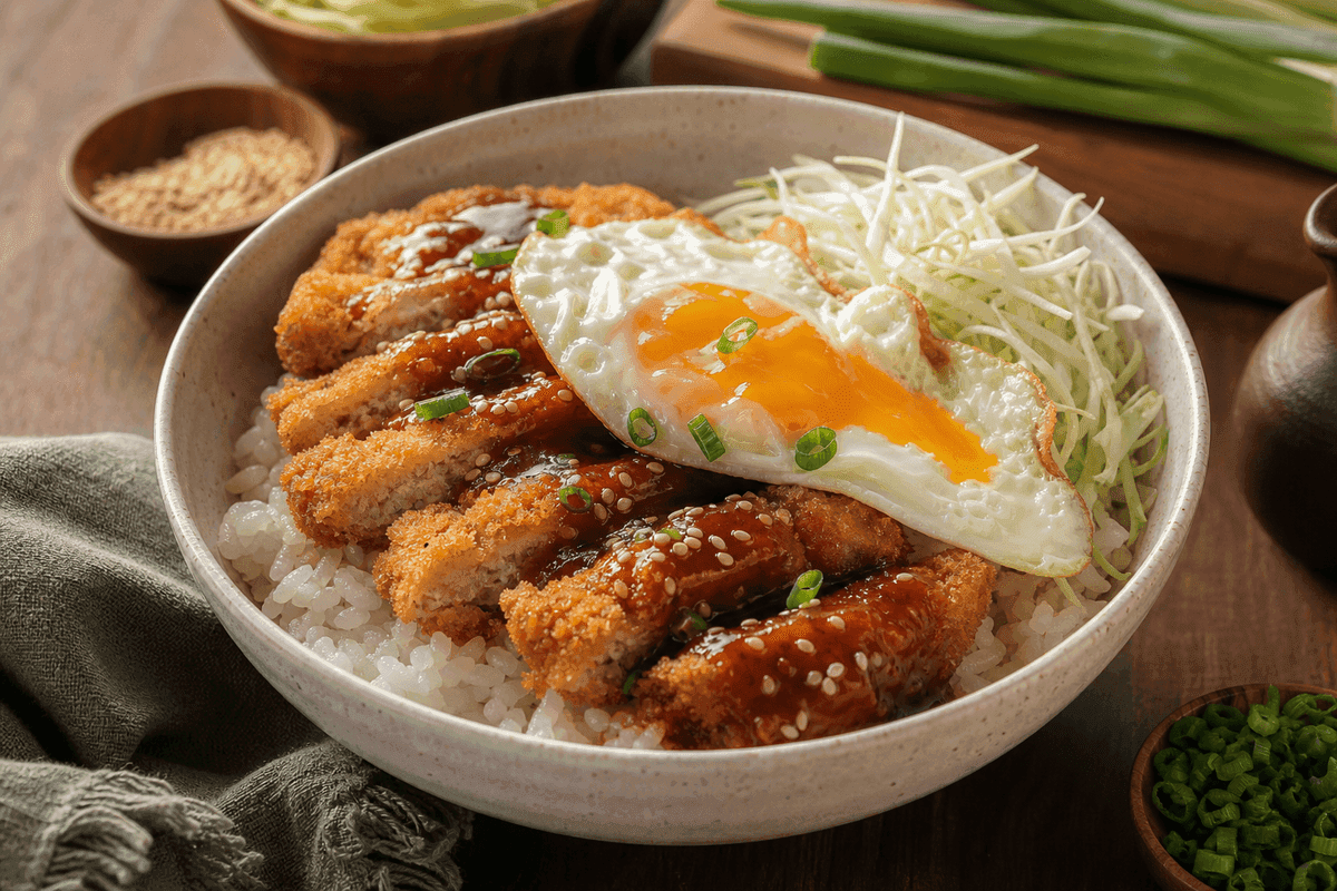 Rice bowl chicken katsu dengan irisan ayam katsu, telur mata sapi, kol iris, dan saus katsu di atas nasi hangat