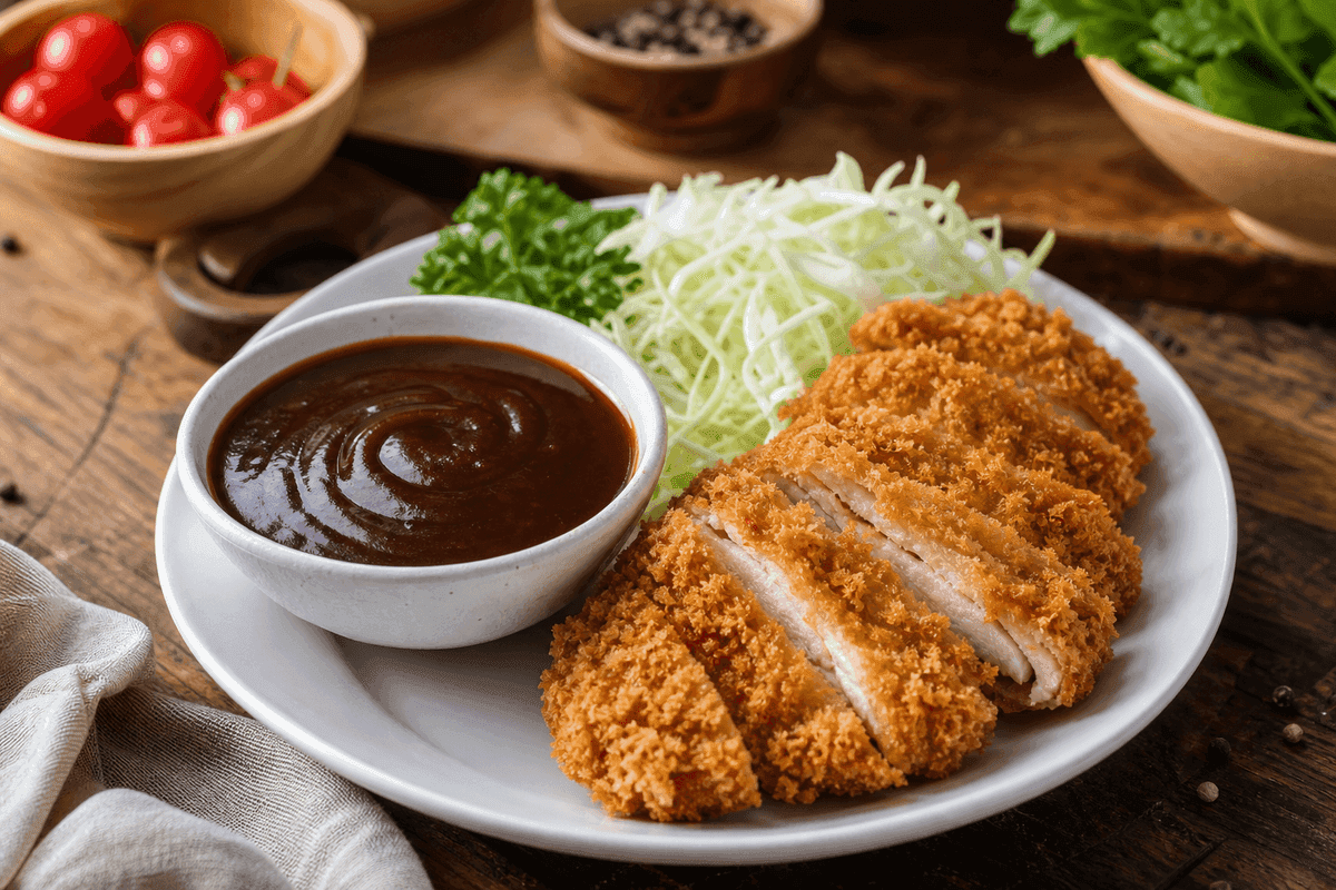 Saus katsu cokelat kental buatan sendiri di mangkuk kecil, di samping irisan ayam katsu keemasan yang baru digoreng