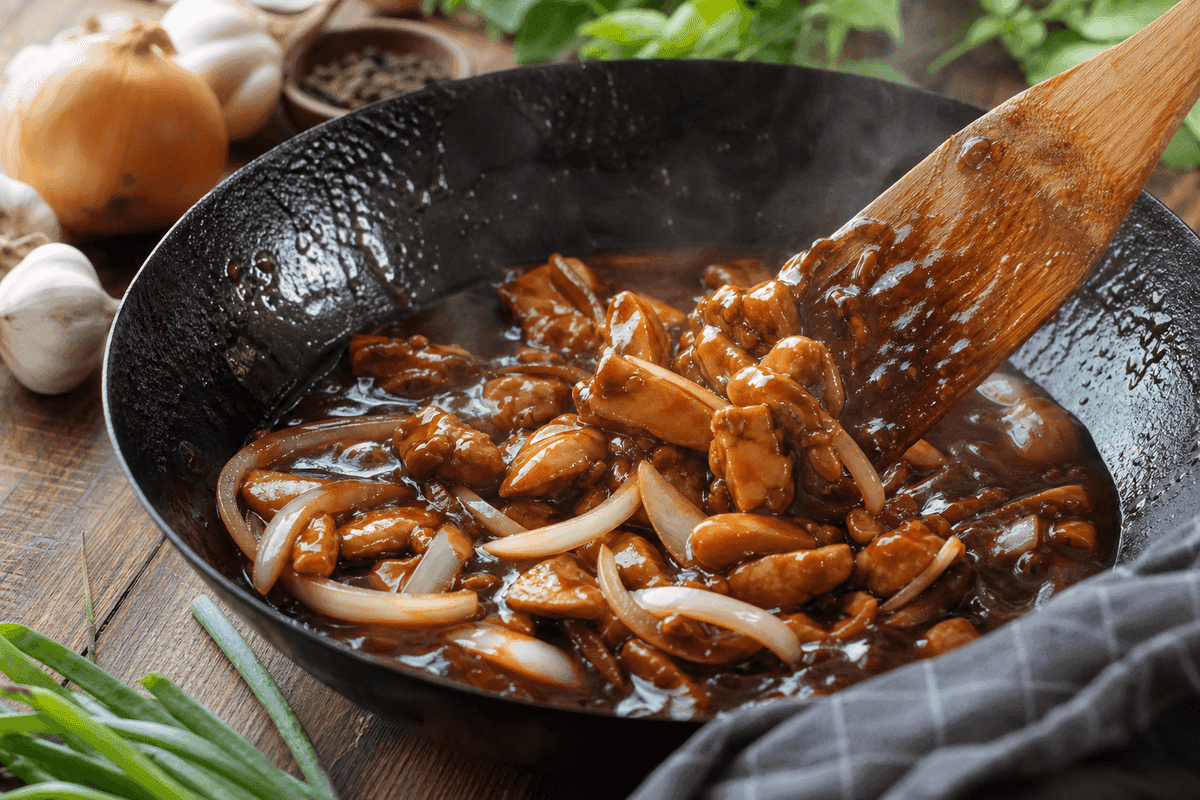 Saus teriyaki cokelat mengilap mengental di wajan bersama potongan ayam teriyaki dan irisan bawang bombay