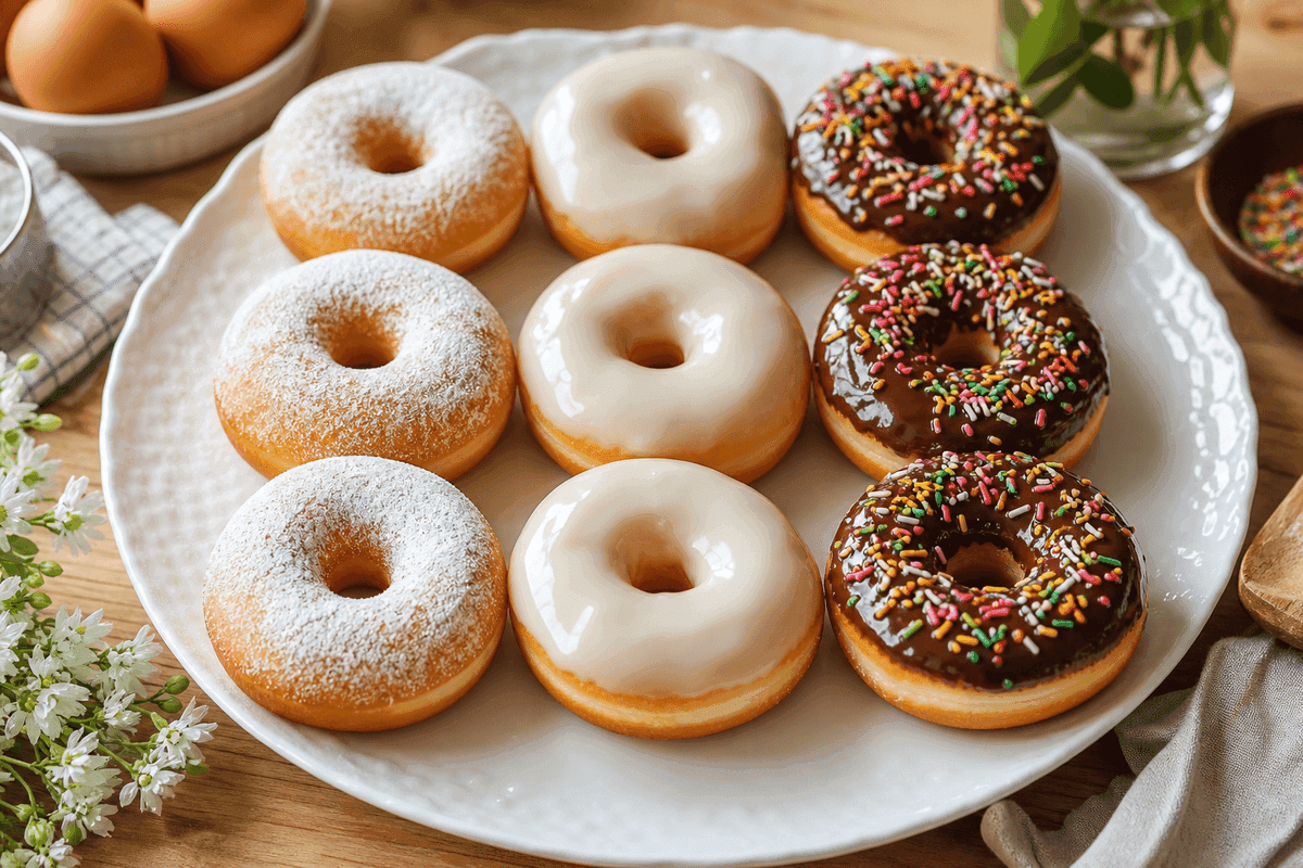 Aneka topping donat dalam satu piring: tiga bertabur gula halus, tiga berlapis glaze putih, tiga berlapis cokelat meses