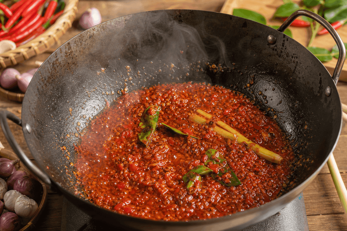 Bumbu ulek cabai merah ditumis bersama serai dan daun jeruk sampai minyaknya memisah di wajan