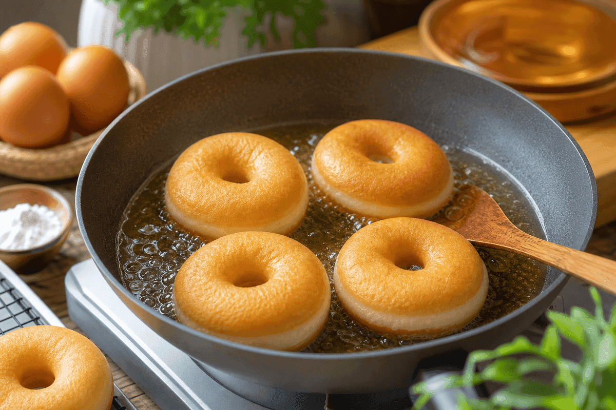 Empat donat empuk sedang digoreng dalam minyak panas dengan cincin putih atau white ring terlihat jelas di sisinya