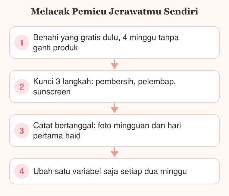 Empat langkah melacak penyebab jerawat sendiri: benahi kebiasaan, kunci rangkaian skincare, catat bertanggal, lalu ubah satu variabel