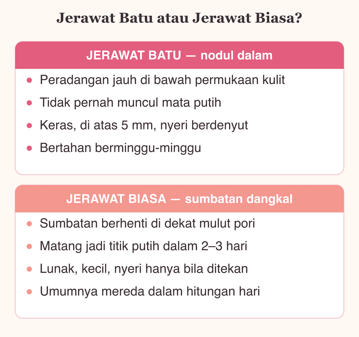 Bagan perbandingan jerawat batu dan jerawat biasa: nodul dalam tanpa mata putih versus sumbatan dangkal yang matang dalam beberapa hari
