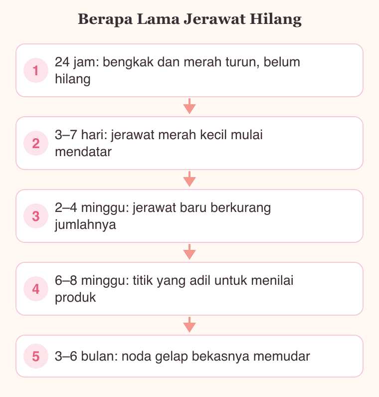 Diagram lima tahap berapa lama jerawat hilang, dari 24 jam pertama sampai noda bekasnya memudar di bulan ketiga sampai keenam