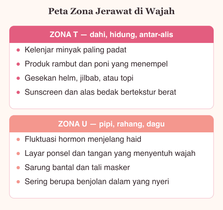 Peta zona T dan zona U wajah beserta penyebab jerawat yang paling sering muncul di tiap zona