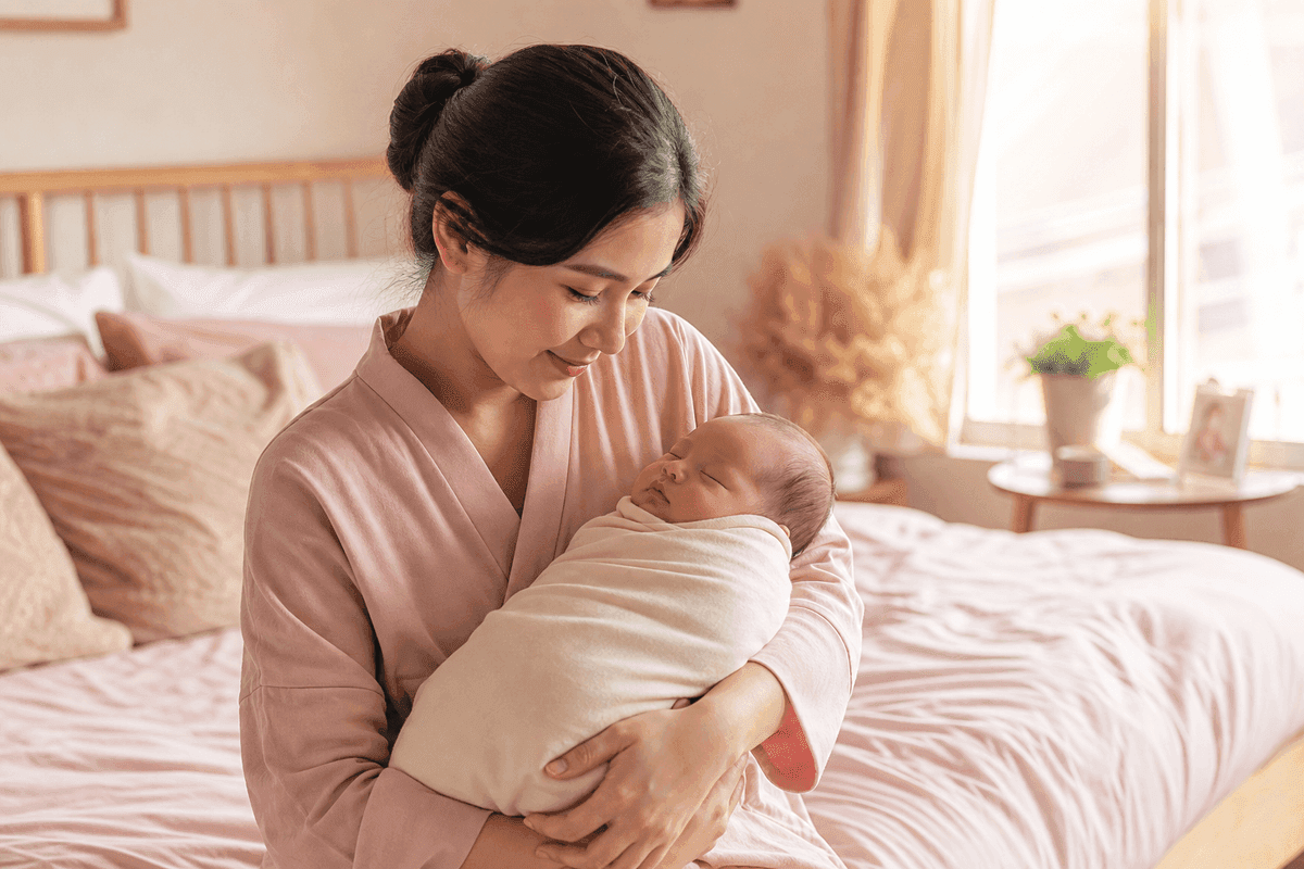 Ibu baru menggendong bayi yang baru lahir berbedong lembut, ilustrasi cara merawat bayi baru lahir di minggu pertama