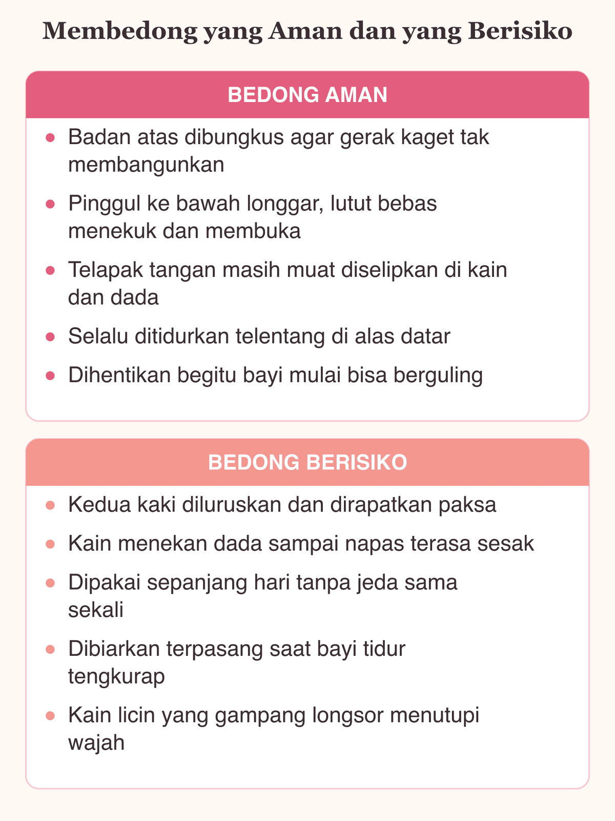 Perbandingan bedong aman dan bedong berisiko pada bayi baru lahir, terutama pada posisi pinggul dan kaki