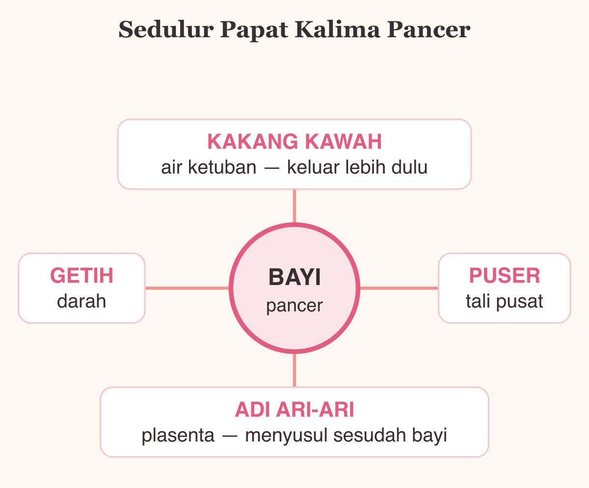 Skema sedulur papat kalima pancer: kakang kawah, adi ari-ari, getih, dan puser mengelilingi bayi sebagai pusatnya
