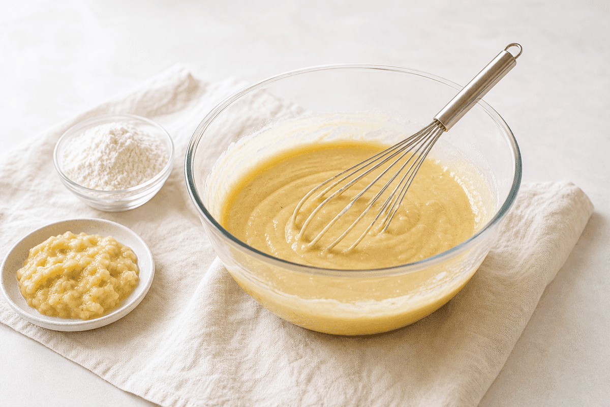 Adonan bolu pisang kukus berwarna kuning pucat di mangkuk kaca dengan whisk tangan, di sebelahnya mangkuk tepung terigu dan pisang halus