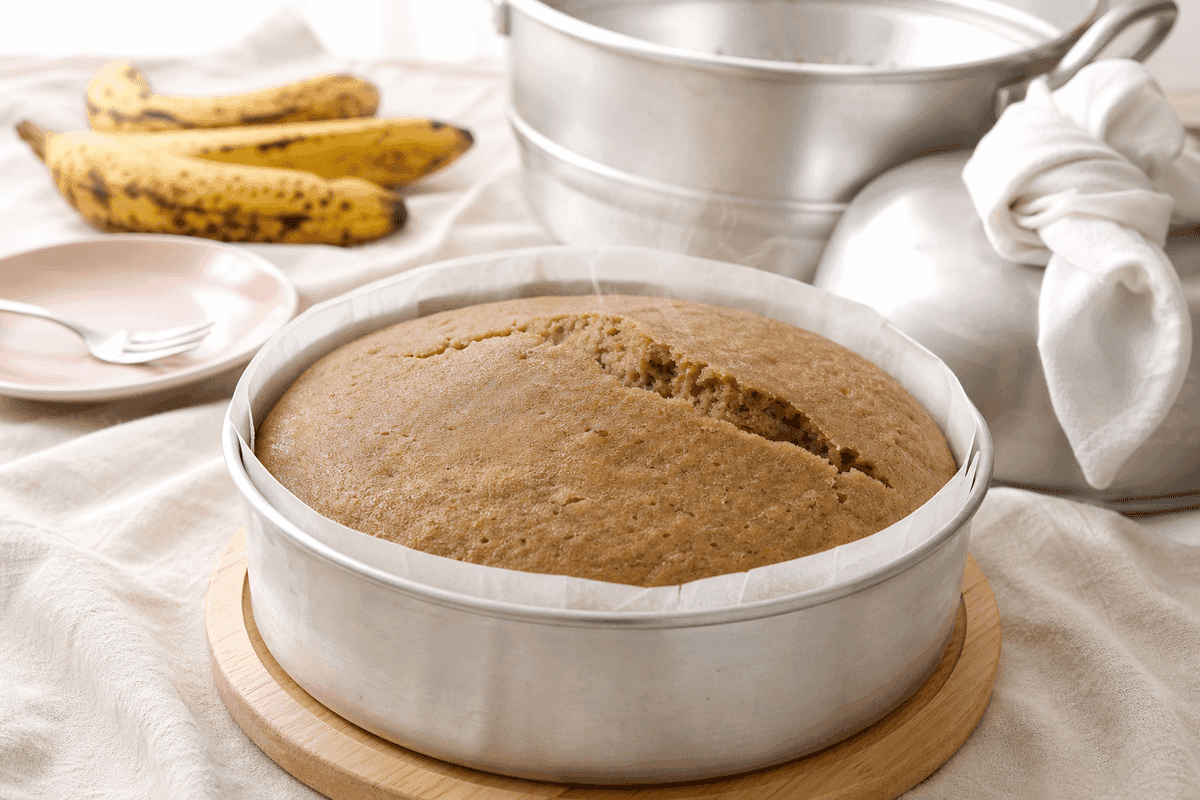 Bolu pisang kukus baru diangkat dari kukusan, masih di dalam loyang beralas kertas roti, permukaannya merekah dan masih beruap