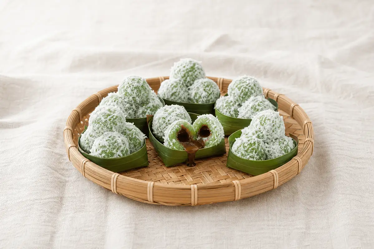 Klepon berbalut kelapa parut, kue basah dari tepung ketan, satu dibelah memperlihatkan isi gula merah cair