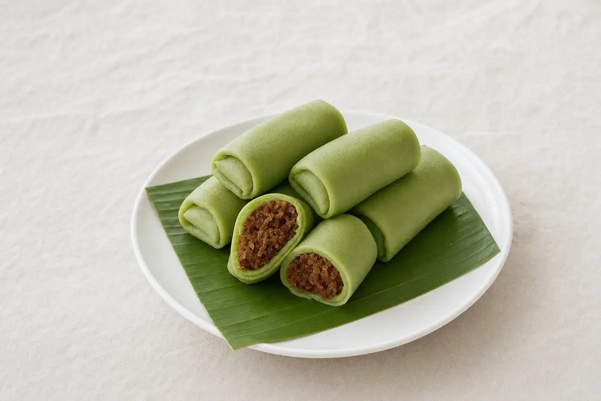 Dadar gulung pandan hijau berisi unti kelapa gula merah di atas daun pisang, satu dipotong memperlihatkan isinya
