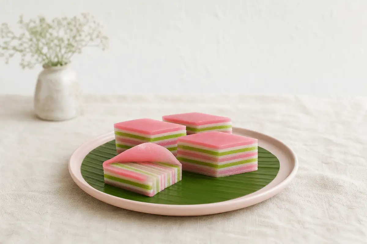 Potongan kue lapis tepung beras merah muda, putih, dan hijau di piring merah muda, kue basah kukus yang kenyal