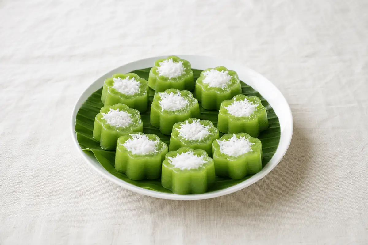 Kue lumpang pandan hijau berbentuk bunga dengan kelapa parut di cekungan tengahnya, kue basah kukus yang kenyal